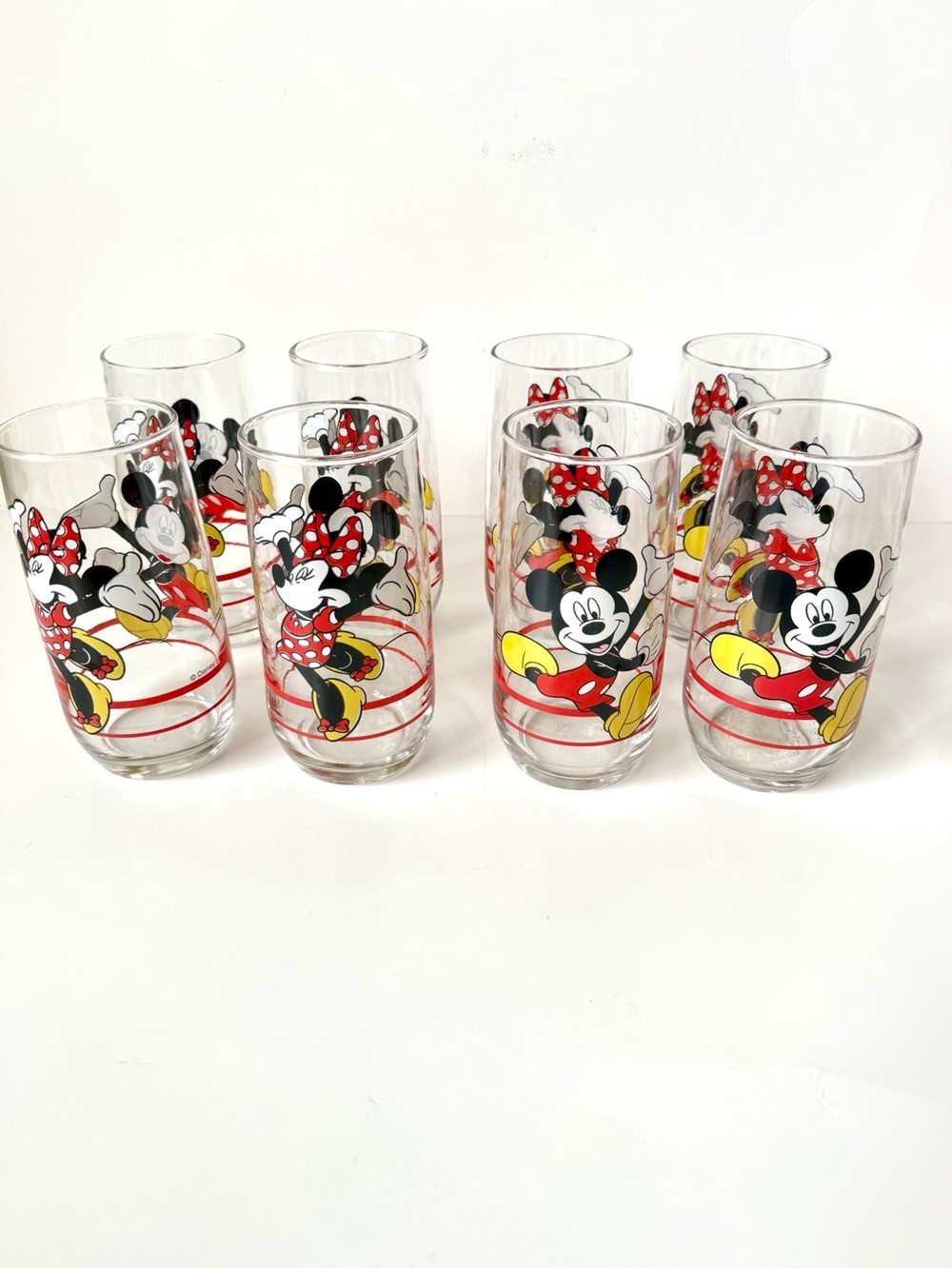 Vintage DISNEY Anchor Mickey & Minnie Retro Cartoon Glass Set of 8